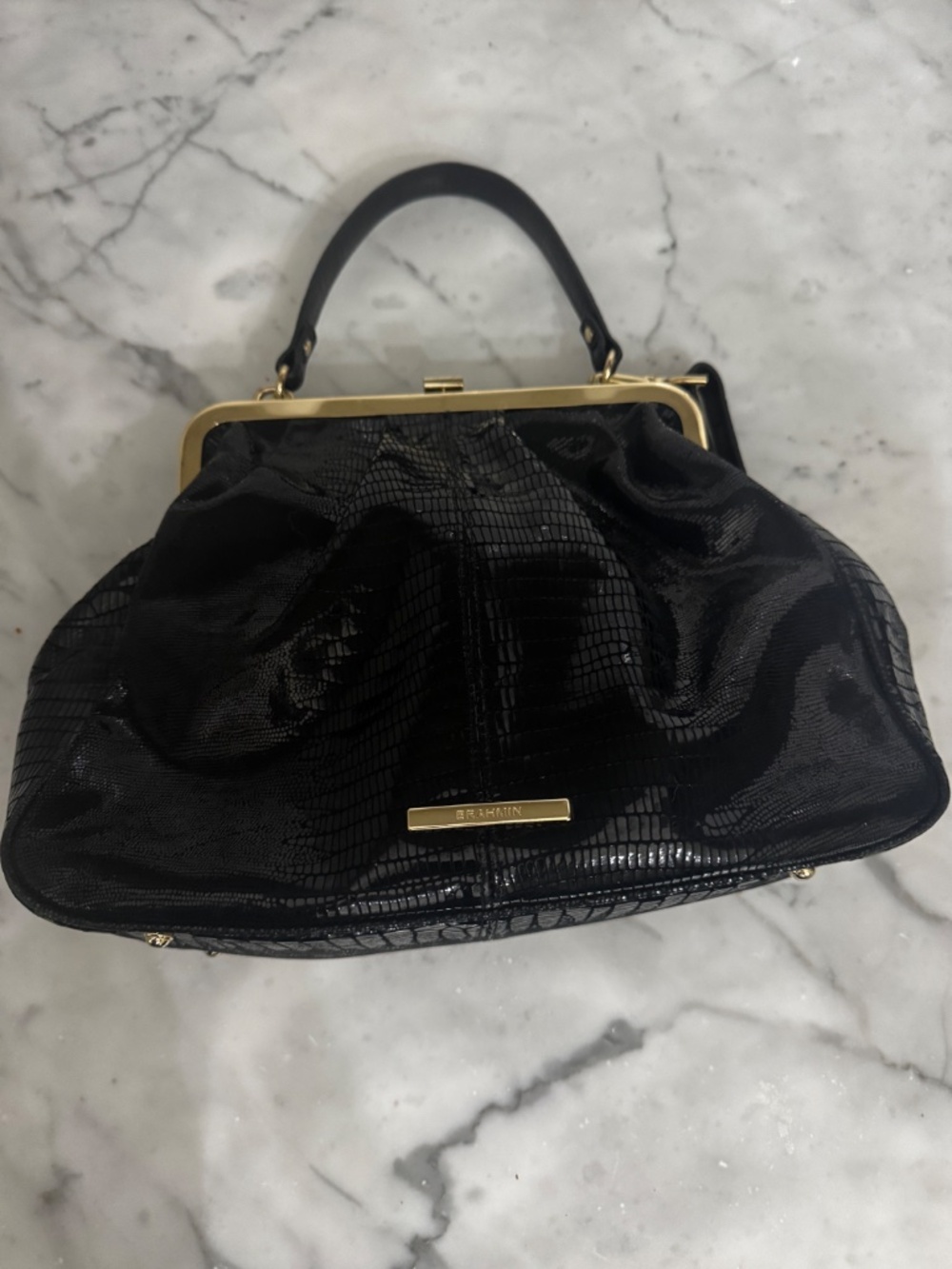 Brahmin Black Embossed Leather Frame Satchel Shoulder Bag Gold Hardware - Picture 3 of 6